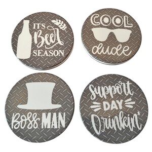 Set of 4 ceramic coasters with cork backing.
